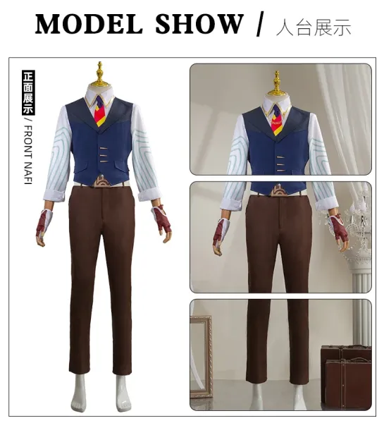 Cosplay Costume Set: White Shirt, Navy Vest, Brown Pants, Red Gloves, Tie, Belt, Chain, Glasses, Stud Earrings - 5