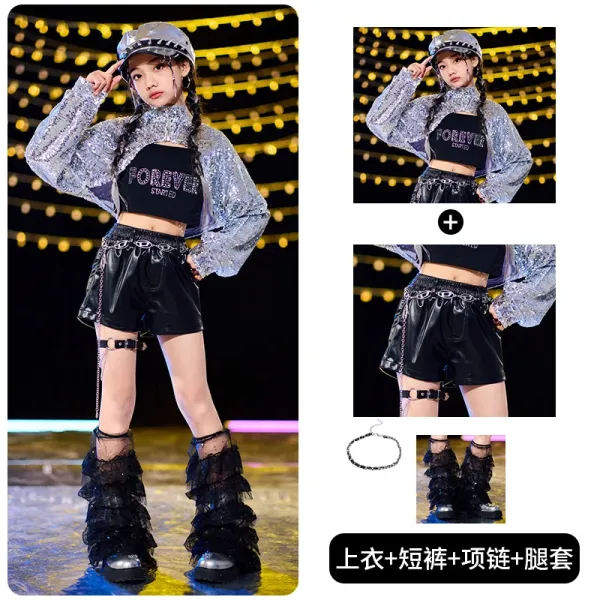 Forever 21 x Streetwear Collection Sequin Cropped Top + Faux Leather Shorts + Chain Necklace + Ruffled Leg Warmers Set - 1