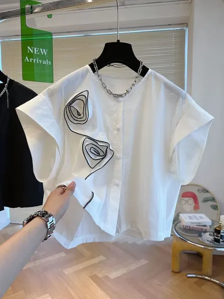 Olive Green Asymmetrical Rose-Embroidered Shirt Top - 11