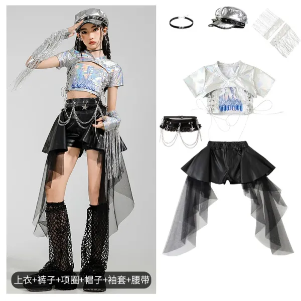 Custom Streetwear Set: Holographic Crop Top + Asymmetrical Tulle Shorts + Chain Waist Belt + Mesh Leg Warmers + Metallic Cap - 1