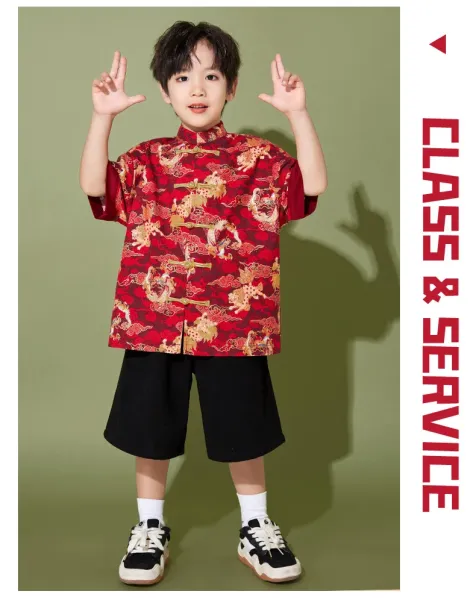 Traditional Chinese Dragon Print Hanfu-Style Set Red + Black Shorts + Folding Fan - 14