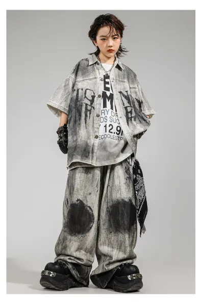 HECOOLEST Distressed Graphic Shirt and Tie-Dye Pants Set Gray - 10