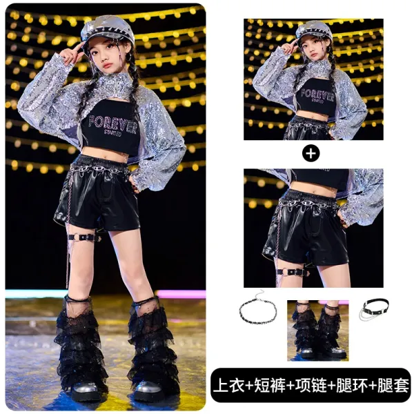 Forever 21 x Streetwear Collection Sequin Cropped Top + Faux Leather Shorts + Chain Accessories Set - 1