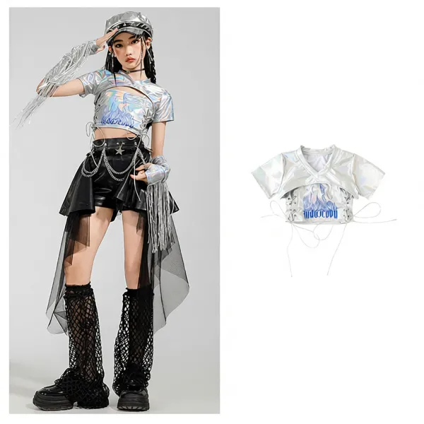 Holographic Cut-Out Crop Top with Lace-Up Detail Silver Multicolor Top - 1