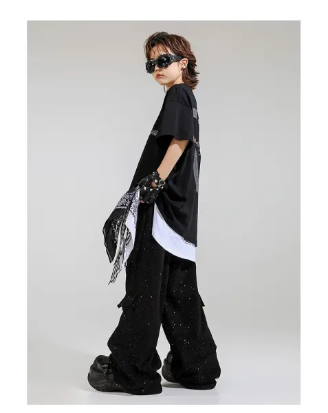 Design Streetwear Set: Glitter Graphic T-Shirt + Cargo Pants + Fingerless Gloves + Bandana Keychain Black/White - 14