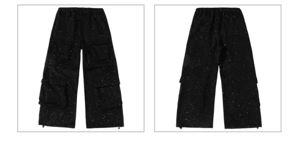 Design Streetwear Set: Glitter Graphic T-Shirt + Cargo Pants + Fingerless Gloves + Bandana Keychain Black/White - 18