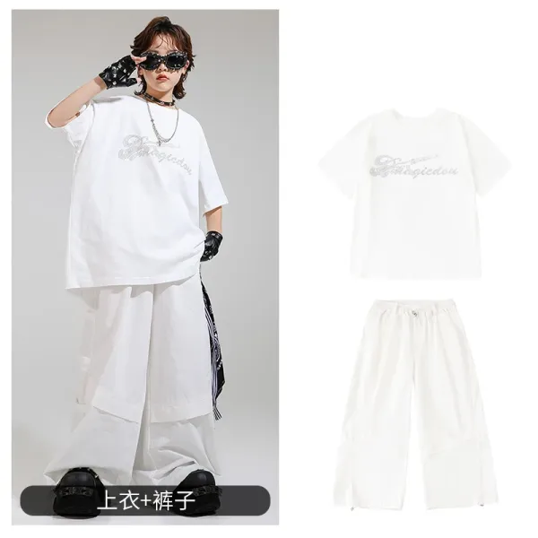 Magicidou Embroidered Oversized T-Shirt and Wide-Leg Pants Set White - 1
