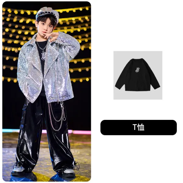 Design Sequin Oversized Jacket Silver + Black Graphic T-Shirt + Glossy Pants Streetwear Ensemble - 1