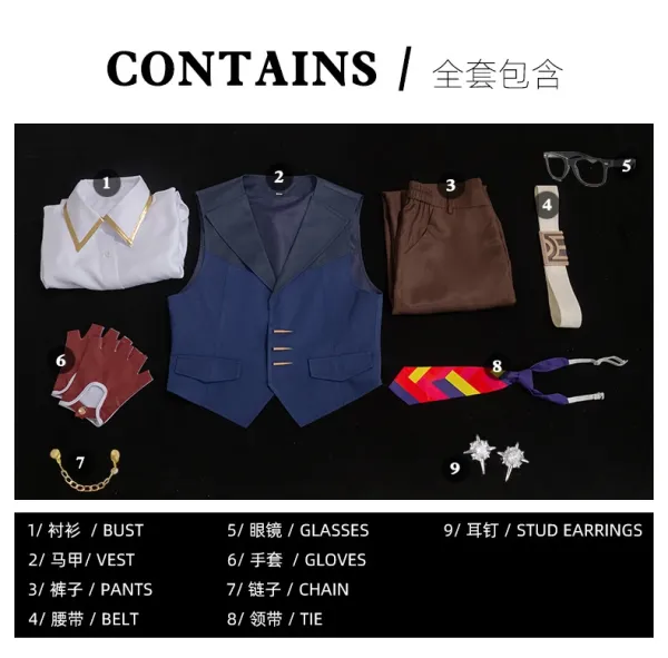 Cosplay Costume Set: White Shirt, Navy Vest, Brown Pants, Red Gloves, Tie, Belt, Chain, Glasses, Stud Earrings - 13