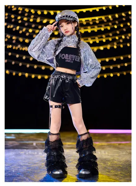 Design Sequined Oversized Jacket Silver + Black Graphic T-Shirt + Glossy PVC Pants + Chain-Embellished Cap + Cross Pendant Necklace Set - 13
