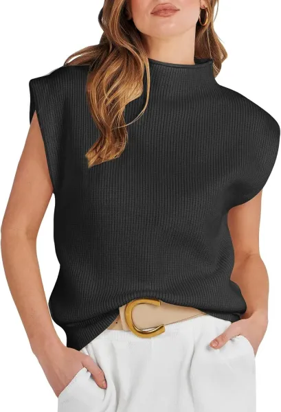 Ribbed Sleeveless Turtleneck Top in Pink Sweater - 9
