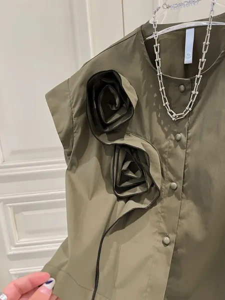 Olive Green Asymmetrical Rose-Embroidered Shirt Top - 17