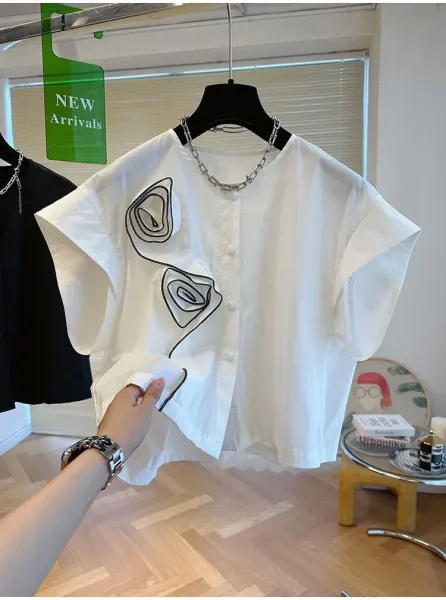Olive Green Asymmetrical Rose-Embroidered Shirt Top - 20