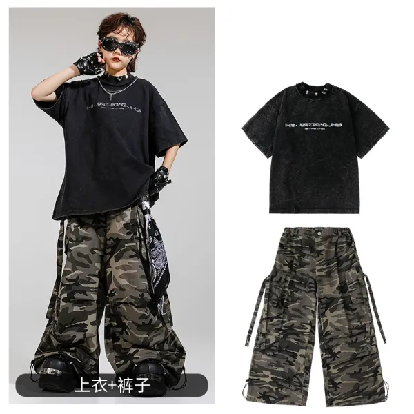Design Streetwear Set: Acid Wash Black Graphic T-Shirt + Camo Cargo Pants - 1