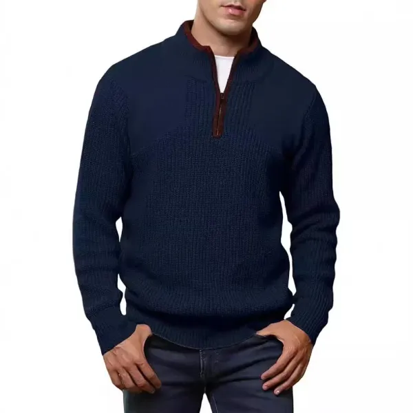 Navy Blue Ribbed Half-Zip Sweater with Contrasting Collar - 1