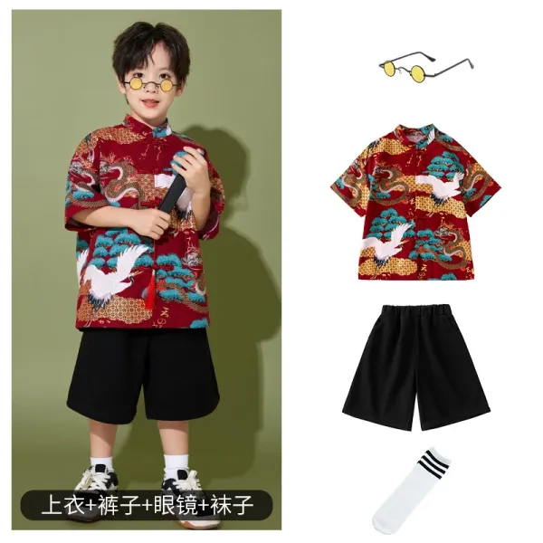 Chinese-Inspired Dragon and Crane Embroidered Shirt + Black Shorts + Yellow Lens Sunglasses + Striped Socks Set - 1