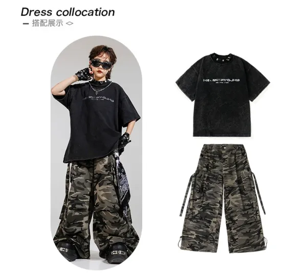 Design Streetwear Set: Acid Wash Black T-Shirt + Camo Cargo Pants + Leather Gloves + Cross Necklace + Bandana Keychain - 4