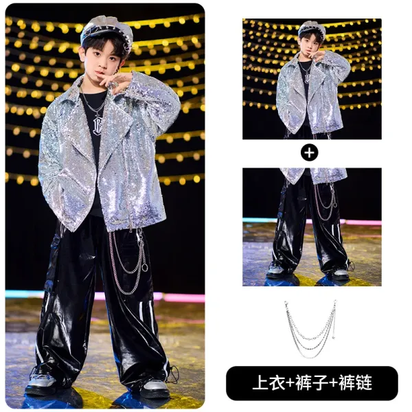 Design Sequined Oversized Jacket + Glossy PVC Pants + Chain Belt Set - 1