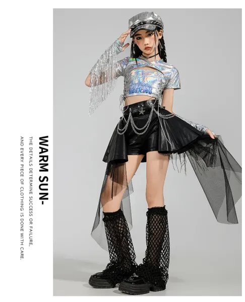 Custom Streetwear Set: Holographic Crop Top + Asymmetrical Tulle Shorts + Chain Waist Belt + Mesh Leg Warmers + Metallic Cap - 11