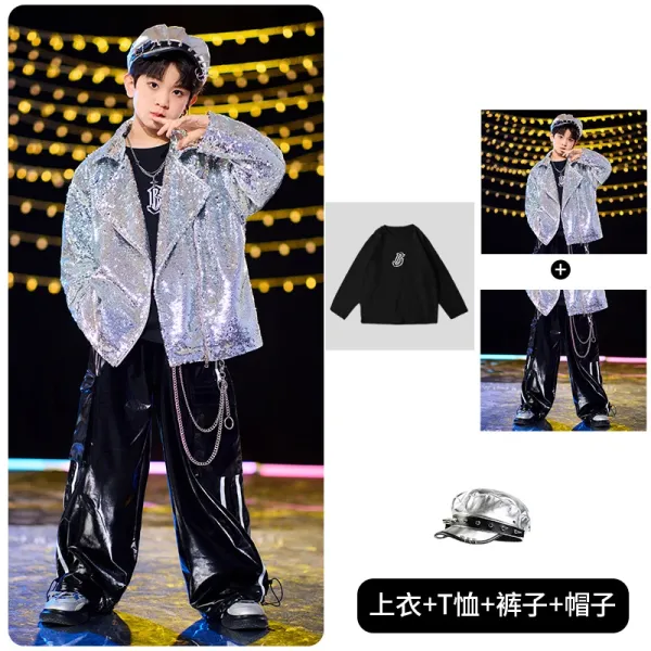 Design Sequined Oversized Jacket + Black Graphic T-Shirt + Glossy Vinyl Pants + Metallic Cap Set - 1
