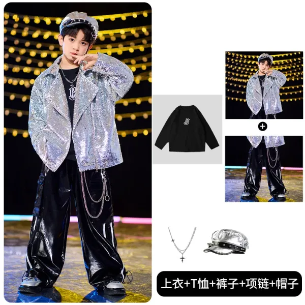 Design Sequined Oversized Jacket Silver + Black Graphic T-Shirt + Glossy PVC Pants + Chain Necklace + Metallic Cap Set - 1