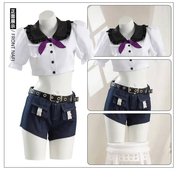 Cosplay Uniform Set White Black Denim Blue Hat Gloves Socks Belt Leg Bag - 11
