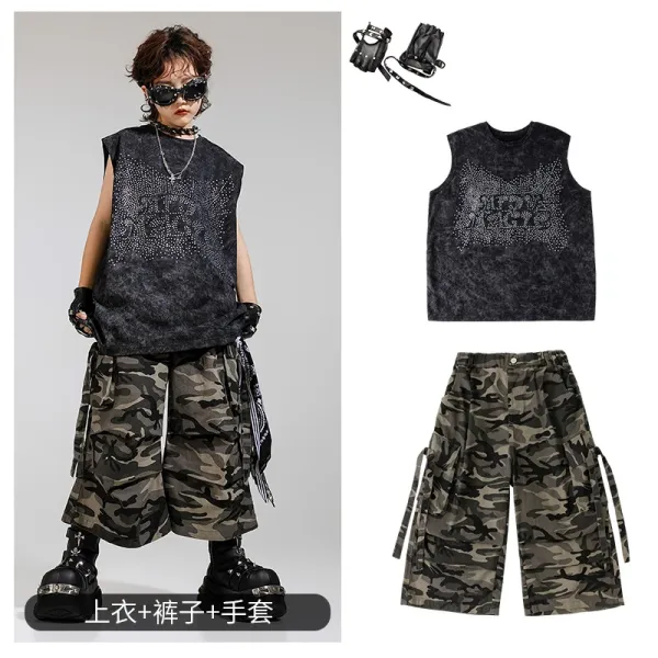 Design Streetwear Set: Acid Wash Rhinestone Vest Top + Camo Cargo Shorts + Fingerless Gloves - 1