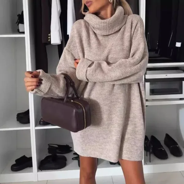 Oversized Turtleneck Knit Dress Beige Sweater Dress - 1