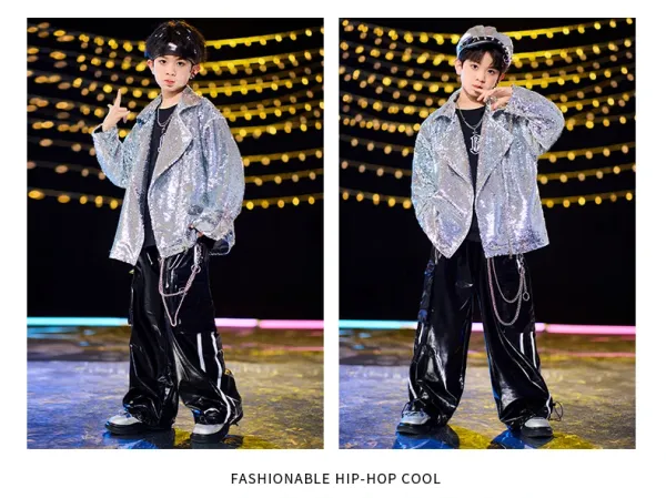 Design Sequined Oversized Jacket Silver + Black Graphic T-Shirt + Glossy PVC Pants + Chain-Embellished Cap + Cross Pendant Necklace Set - 7