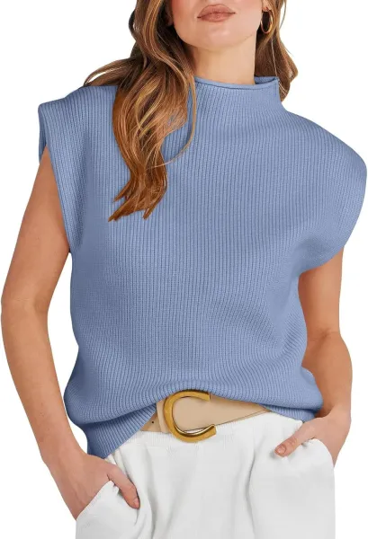 Ribbed Sleeveless Turtleneck Top in Pink Sweater - 10