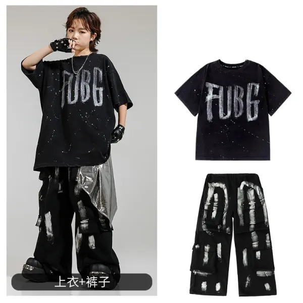 FUBG Graffiti Print Oversized T-Shirt and Cargo Pants Set Black - 1