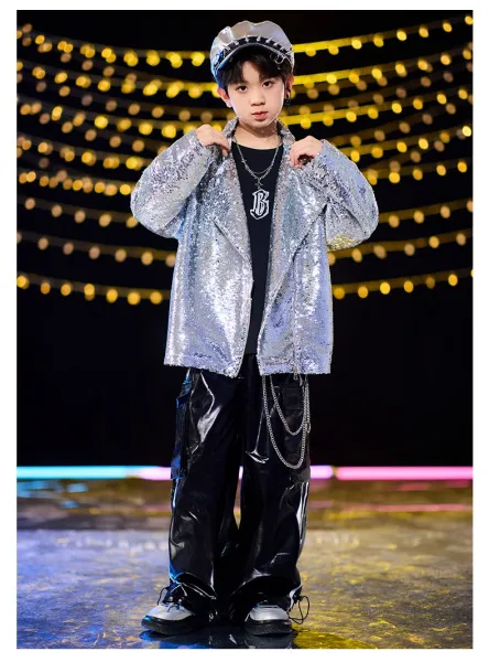 Design Sequined Oversized Jacket Silver + Black Graphic T-Shirt + Glossy PVC Pants + Chain-Embellished Cap + Cross Pendant Necklace Set - 8