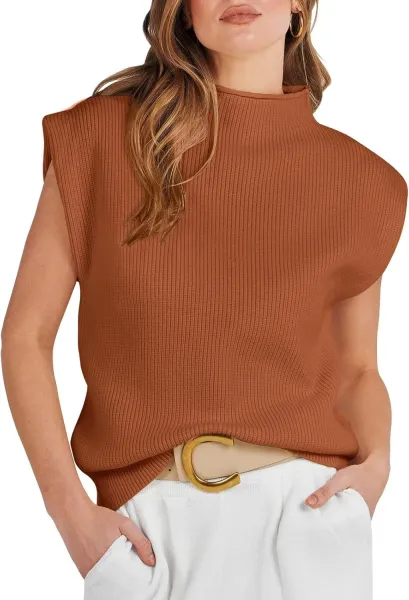 Ribbed Sleeveless Turtleneck Top in Pink Sweater - 20
