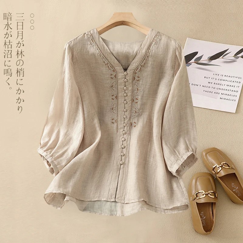 Embroidered Linen V-Neck Blouse Beige Shirt - 1
