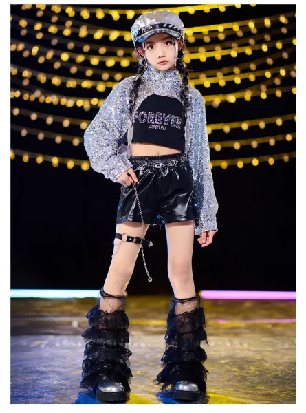 Design Sequined Oversized Jacket Silver + Black Graphic T-Shirt + Glossy PVC Pants + Chain-Embellished Cap + Cross Pendant Necklace Set - 10