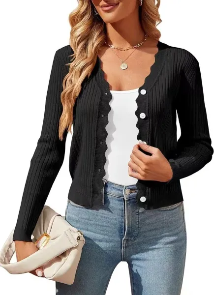 Ribbed Scalloped Hem Cardigan Black - 1