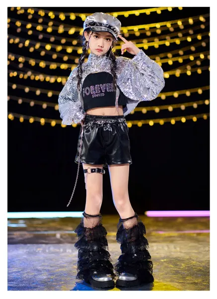 Design Sequined Oversized Jacket Silver + Black Graphic T-Shirt + Glossy PVC Pants + Chain-Embellished Cap + Cross Pendant Necklace Set - 12