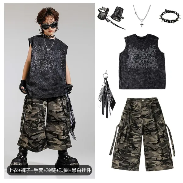 Design Streetwear Set: Acid Wash Rhinestone Vest + Camo Cargo Shorts + Spiked Accessories - 1
