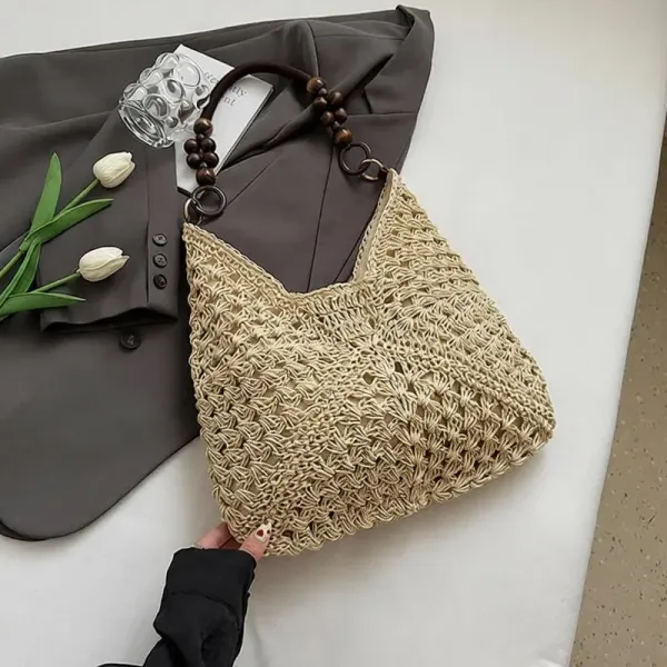 Handwoven Raffia Hobo Bag Beige Shoulder Bag - 1