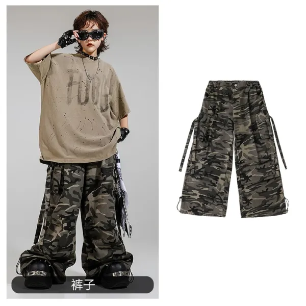 Design Camo Cargo Pants with Adjustable Side Ties Army Green Pants - 1