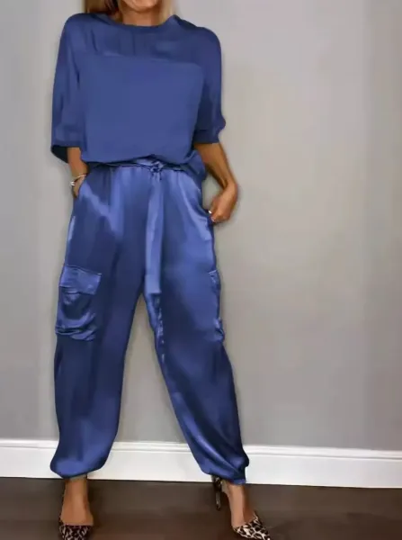 Satin Cargo Jogger Set in Royal Blue - 1