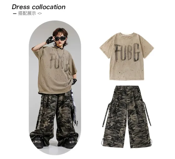 FUBG Distressed Graphic Tee + Camo Cargo Pants Set with Spiked Choker and Bandana Keychain - 4