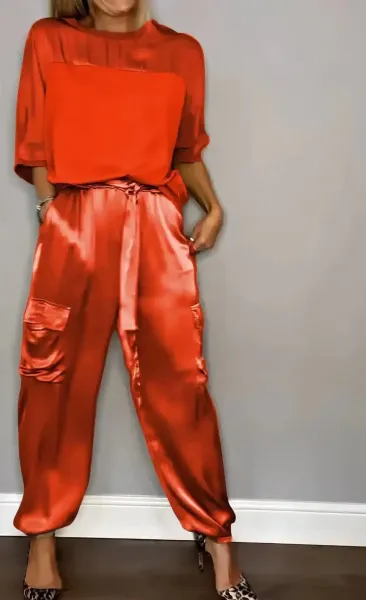 Silk Satin Cargo Set Orange Women's Lounge Pants and Top - 1