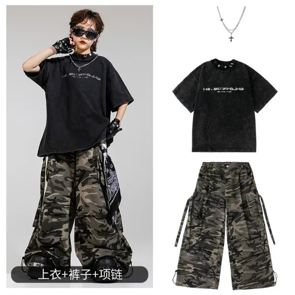 Design Streetwear Set: Acid Wash Black Graphic T-Shirt + Camo Cargo Pants + Cross Pendant Necklace - 1