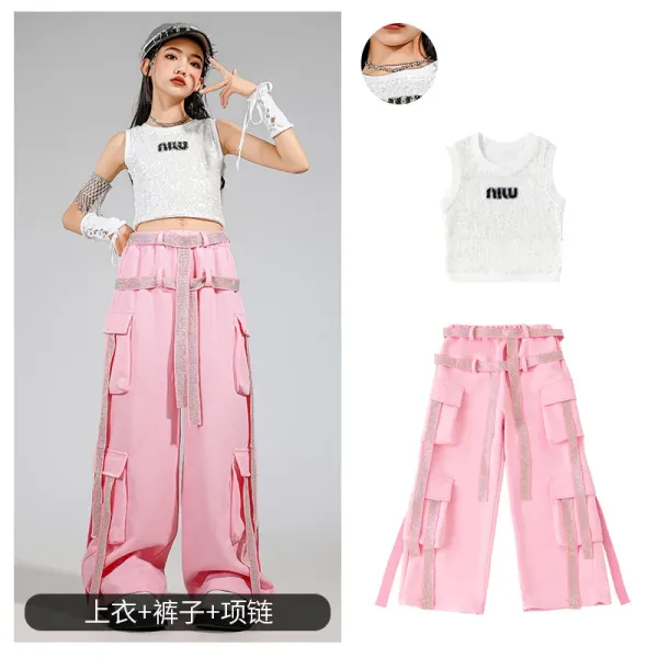 Miu Miu Sequined Crop Top + Cargo Pants Set Pink - 1