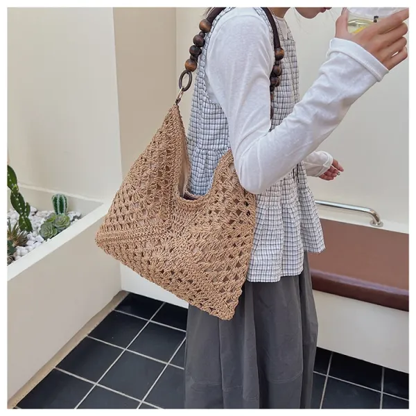 Handwoven Crochet Hobo Bag Beige-Brown Natural Fiber Shoulder Bag - 15