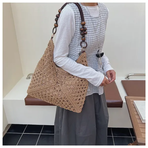 Handwoven Crochet Hobo Bag Beige-Brown Natural Fiber Shoulder Bag - 17