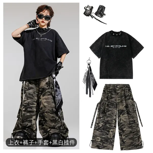 Design Streetwear Set: Acid Wash Black T-Shirt + Camo Cargo Pants + Leather Gloves + Bandana Keychain - 1