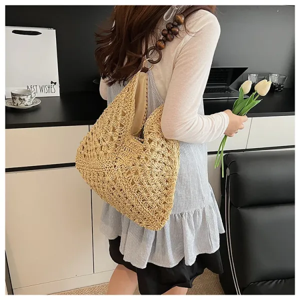 Handwoven Crochet Hobo Bag Beige-Brown Natural Fiber Shoulder Bag - 22