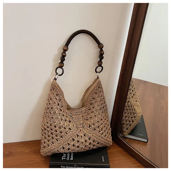 Handwoven Crochet Hobo Bag Beige-Brown Natural Fiber Shoulder Bag - 24